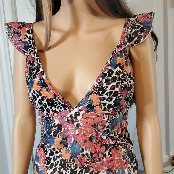 NEW NWT Free People Deep V-Neck Tie Back Sexy Floral Anumal Print Mini Dress XS - Picture 2 of 14
